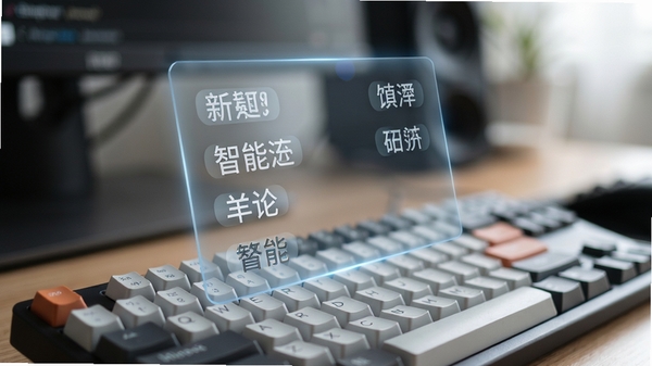 快乐码字智能联想功能特写,键盘上方浮现半透明候选词面板,包含多个中文词语选项,背景虚化处理,突出功能细节