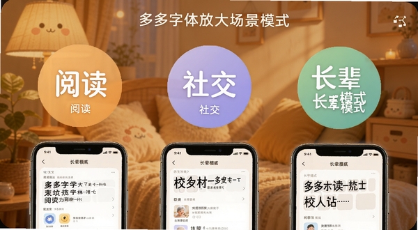 多多字体放大场景模式选择界面，画面展示三个圆形图标分别代表阅读、社交、长辈模式，每个图标下方配有手机界面缩略图，背景为温馨的暖色调，体现不同场景下的字体优化效果