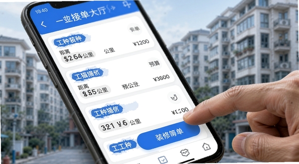 开工猫师傅接单端接单大厅界面特写，手机屏幕显示多条装修订单卡片，卡片上有工种标签、距离公里数和预算金额，画面右侧有师傅手指点击接单按钮的动作，背景为虚化的城市住宅楼群，整体色调以蓝色和白色为主，体现高效接单的场景