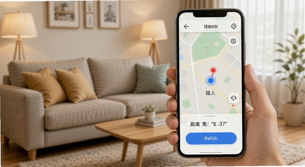免费手机定位找人软件实时位置共享功能展示图，画面中一部手机屏幕显示地图界面，地图上有一个蓝色圆点代表自己，一个红色圆点代表家人，旁边有距离显示和刷新按钮，背景是温馨的家庭客厅场景，突出找人定位的便捷性