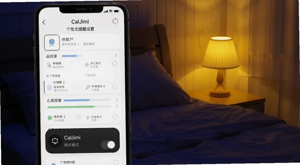 CalJimi个性化提醒设置页面，画面展示手机屏幕中多种提醒样式选项与深色模式开关，背景为夜晚卧室环境，床头灯散发暖黄色光，适配Boogu模型生成