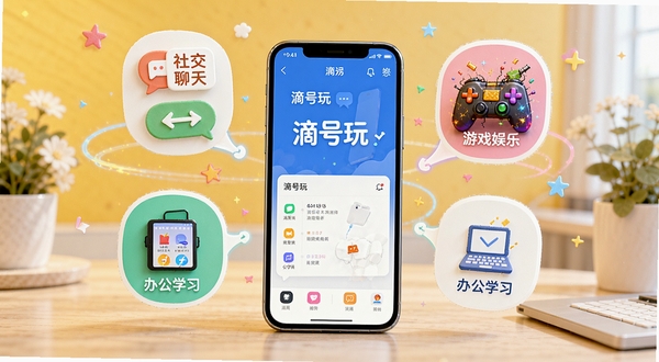 滴号玩多场景适配示意图，画面展示手机周围环绕着社交聊天、游戏娱乐、办公学习等不同场景的图标，手机屏幕显示滴号玩应用界面，整体色调明亮活泼，突出多场景适用特点
