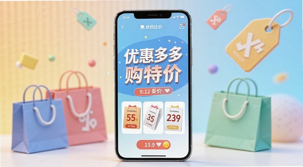 画面主体为一部亮屏的智能手机，屏幕中清晰显示“优惠多多购特价”的界面，背景为柔和渐变色的电商购物元素如购物袋、折扣标签等，整体风格明亮清新，突出购物比价氛围，画面尺寸16:9