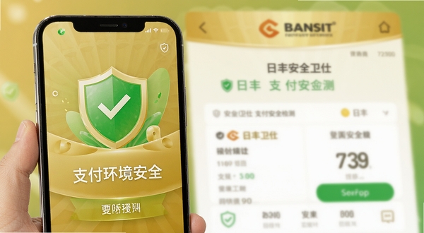 日丰安全卫士支付安全检测界面，手机屏幕上显示绿色安全盾牌和“支付环境安全”字样，背景为模糊的银行APP界面，整体色调以金色和绿色为主，画面明亮干净，体现安全可信赖感
