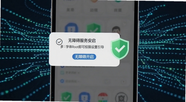 多多字体放大权限设置引导界面，画面展示手机屏幕弹出无障碍服务开启提示框，旁边有一个绿色的盾牌图标表示安全，背景为科技感线条，强调无需Root即可安全使用