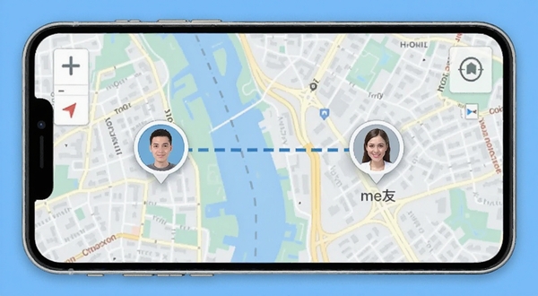 免费手机定位找人软件主界面截图，画面中央展示一张清晰的城市地图，地图上有两个代表用户和好友的圆形头像标记，标记之间有一条虚线连接显示距离，背景是手机屏幕边框，整体色调为清爽的蓝白色，突出定位与找人功能