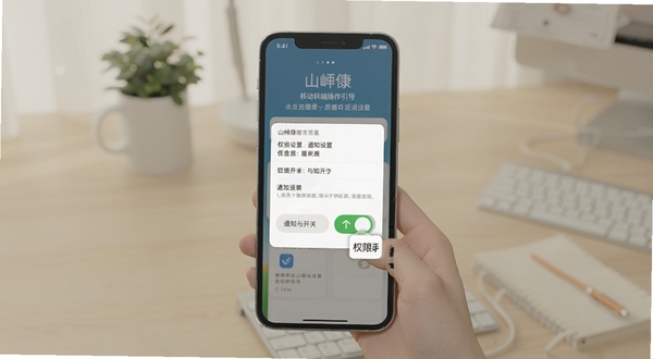 山岬健康 移动端操作引导图，展示手机屏幕上的权限设置与通知开关示意，背景为简约桌面环境，突出操作步骤的清晰性，无复杂装饰元素