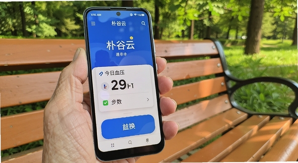 一部安卓手机展示朴谷云应用首页，大号字体显示今日血压和步数，界面按钮宽大醒目，手机放在老人手中，背景是公园长椅和绿树，阳光明媚，突出适老化设计。