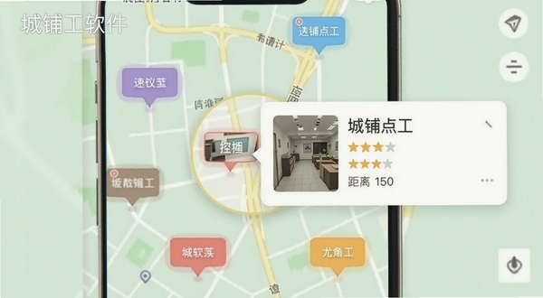 展示城铺点工软件地图定位功能的界面截图预览图，图片主体为手机地图界面，上面分布着多个彩色店铺标签，其中一个店铺标签被高亮放大显示详情卡片，卡片内包含店铺名称、评分和距离信息，背景为淡绿色的简约地图风格，强调定位的精准性和推荐的高效性，画面需清晰展现软件名称水印。