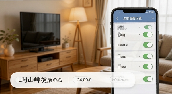 山岬健康 用药提醒设置界面，手机屏幕显示多个药品名称与时间开关按钮，背景为柔和暖色调居家环境，突出提醒功能实用性，画面干净整洁