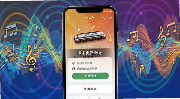 HUA: pocket harmonica 版本更新功能展示图,手机屏幕显示新版本界面与更新提示,背景为抽象音乐波纹,色彩明快,突出更新内容