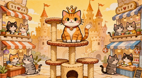 画面中央是一只戴着皇冠的橘猫端坐在豪华猫爬架顶端，左右两侧分布着各式各样的猫咪居民在忙碌经营店铺，背景是温暖的橙黄色调猫咪帝国城堡轮廓，整体风格为卡通手绘质感，细节丰富，构图饱满，适合作为猫咪帝国：放置大亨安装器的宣传主图