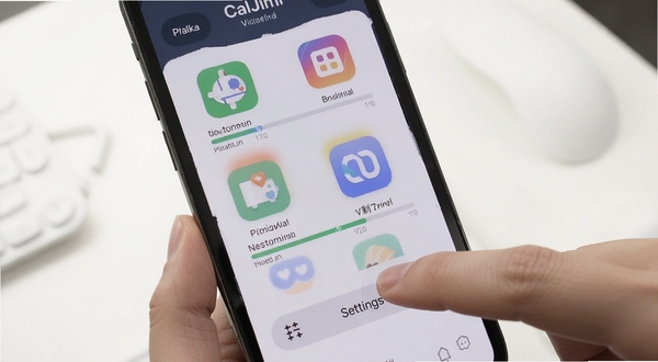 CalJimi应用时长管控界面预览图，画面展示手机屏幕中多个应用图标下方标注剩余可用时间进度条，一只手正点击设置按钮，背景为干净白色桌面环境，细节清晰，适配Boogu模型生成