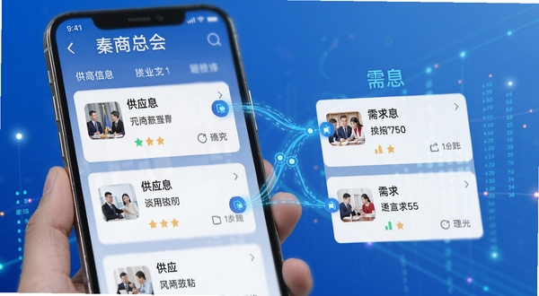 秦商总会APP供需对接功能界面特写，画面展示一部智能手机，屏幕显示供需信息列表，左侧为供应信息卡片，右侧为需求信息卡片，中间有智能匹配的连线动画效果；背景为简洁的商务蓝渐变，点缀一些数据流动的光点，体现信息精准匹配的科技感与商务属性，适合Boogu模型生成。