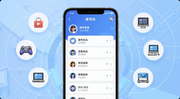 滴号玩应用主界面展示图，画面中央为手机屏幕正视图，屏幕上显示滴号玩APP的账号管理列表界面，背景为浅蓝色渐变科技风格，周围环绕着社交、游戏、办公等场景小图标，整体风格清爽简洁，适配Boogu模型生成