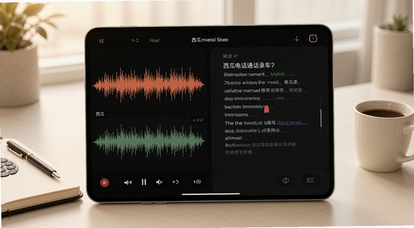 西瓜电话通话录音转写功能界面预览，画面展示录音波形与文字转写结果对比，背景为简约的商务办公桌，有笔记本和咖啡杯，色调温暖明亮，突出高效记录与便捷回顾的使用场景