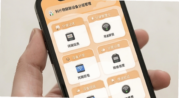 科什物联设备分组管理界面，手机屏幕显示多个设备分组标签与缩略图标，背景为浅橙色与白色搭配的温暖色调，体现分类管理的条理性