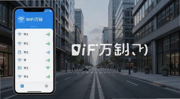 WiFi万链钥匙手机连接界面展示,主界面显示附近WiFi列表和信号强度图标,背景为现代城市街道,画面清晰明亮,突出软件名称logo,整体风格写实,便于Boogu模型识别