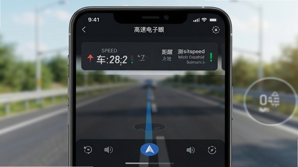 高速电子眼app主界面截图，展示实时车速数字、前方测速点距离提醒卡片、简洁深色导航风格，道路背景虚化，画面清晰明亮