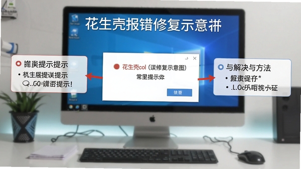 花生壳报错修复示意图,展示常见错误提示与解决方法,背景为电脑桌面与错误弹窗,风格写实清晰