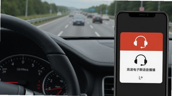 高速电子眼语音播报功能示意图，汽车仪表盘旁手机显示预警卡片，配有耳机图标，背景为模糊的高速公路场景