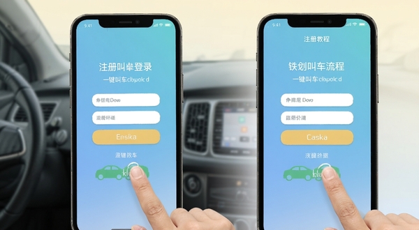 一键叫车司机端使用教程示意图，手机屏幕展示注册登录流程，画面中有手指点击按钮的动作，背景为浅色渐变，风格清新易读