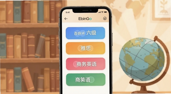 EbinGo 多场景词库选择页面,手机屏幕内展示四六级、雅思、商务英语等彩色标签卡片,背景是书架与地球仪组合插画,色调温暖柔和