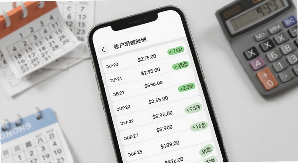 手机公积金查询计算 账户明细页面 画面主体为手机屏幕显示逐月缴存记录列表 每行包含月份、缴存金额和状态标签 背景区域为浅灰色 屏幕外散落着日历和计算器元素 风格简洁商务