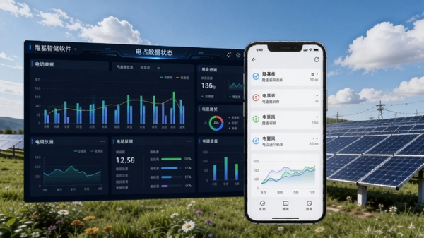 隆基智储软件主界面预览图，展示清晰的能源数据看板与电站运行状态，背景为现代化光伏电站与蓝天白云，画面主体突出手机界面中的图表与数据，风格简洁科技感