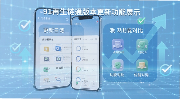 91再生链通版本更新功能展示图，画面中手机屏幕显示更新日志列表与功能对比图标，背景为科技感浅蓝色网格，包含上升箭头与勾选标记元素，突出版本迭代与优化细节