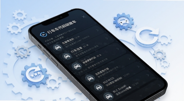 行车违章代码查版本更新展示图,画面为手机屏幕呈现更新日志列表,背景为柔和的蓝白渐变,周围点缀齿轮与刷新图标,象征版本迭代与功能完善