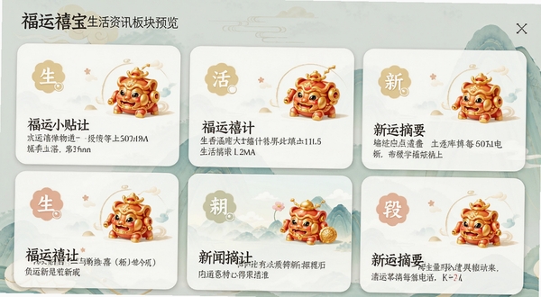 福运禧宝生活资讯板块预览，以卡片形式展示多条生活小贴士与新闻摘要，界面风格简约，配有精美图标与插图，整体视觉舒适，信息层级清晰