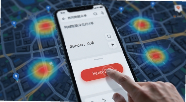 同城跑腿众包抢单界面,地图上显示多个订单热点区域,一个手指点击抢单按钮,界面简洁,红色按钮醒目,背景为模糊的城市地图,科技感强,高清渲染