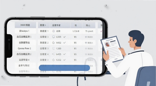 血压血糖监测专家数据导出界面，画面展示手机屏幕内表格数据列表与导出按钮，背景为浅灰色商务风格，旁边有医生查看报告单的简约插画元素，适配Boogu模型生成