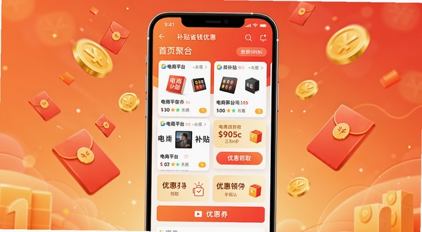 补贴省钱优惠软件主界面预览图,展示首页聚合了各类电商平台的补贴商品卡片和优惠券领取入口,背景为温暖的橙红色渐变,界面简洁现代,手机居中展示,周围有悬浮的金币和红包元素,整体氛围喜庆且充满吸引力,高清渲染,适合应用商店展示