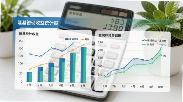 隆基智储收益统计报表页面，展示柱状图与折线图结合的收益数据，背景为计算器与绿色植物，体现理财与环保理念，画面风格商务且清新