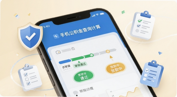手机公积金查询计算 业务进度追踪界面 画面主体为手机屏幕显示步骤条与状态标签 步骤条上有审核通过和放款中字样 背景区域为柔和米白色 周围环绕着盾牌和清单图标 风格可信赖