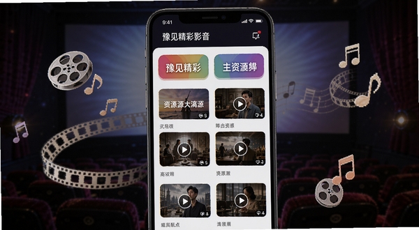 豫见精彩影音资源聚合界面，画面中手机屏幕显示多个彩色分类标签与视频缩略图网格，背景为深色影院风格，屏幕周围环绕电影胶片与音符图标，突出资源丰富的特点