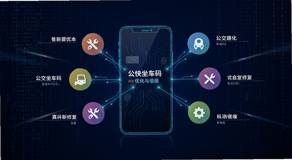 公交坐车码版本更新与优化示意图,画面以科技感线条勾勒的智能手机为核心,手机屏幕四周发散出代表新增、优化、修复的彩色图标,背景为深蓝色代码流与数字矩阵,视觉风格偏向软件更新日志的展示风格,简洁专业