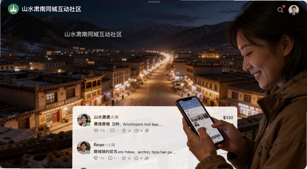 山水肃南同城互动社区界面,展示用户头像与动态信息流,背景为肃南县城夜景,灯光温暖,画面中有人物在浏览手机并微笑,体现社区交流的温馨氛围,适配Boogu模型生成。