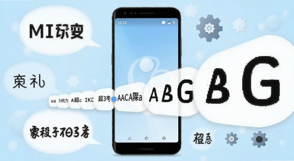 一款名为免费手机字体放大的安卓应用界面展示，画面中央是一部智能手机屏幕，屏幕上显示着字体大小调节滑块，从最小字体到超大字体依次排列，背景为柔和的浅蓝色渐变，手机周围环绕着放大的文字气泡和设置齿轮图标，整体风格简洁明快，突出字体放大的核心功能