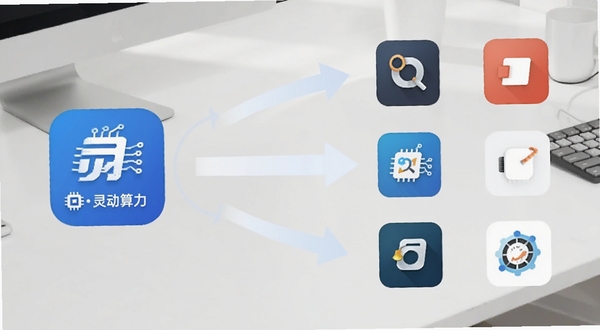 灵动算力与同类工具对比示意图,画面左侧为灵动算力图标,右侧排列多个工具图标,中间用浅色箭头连接,背景为白色办公桌面,风格简约商务