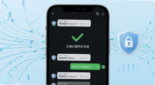 聊天记录实时备份软件主界面,手机屏幕展示聊天记录云端同步完成的绿色对勾状态,背景为浅蓝色数据流动线条与加密盾牌图标,整体风格简洁现代,突出数据安全与实时传输概念