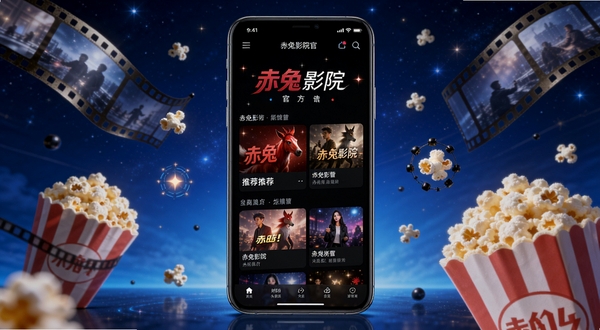 赤兔影院官方宣传图,画面中央是智能手机屏幕显示赤兔影院首页推荐界面,背景为深蓝色渐变星空,周围漂浮着电影胶片和爆米花元素,整体风格科技感与娱乐感结合,高清渲染,16:9横版构图