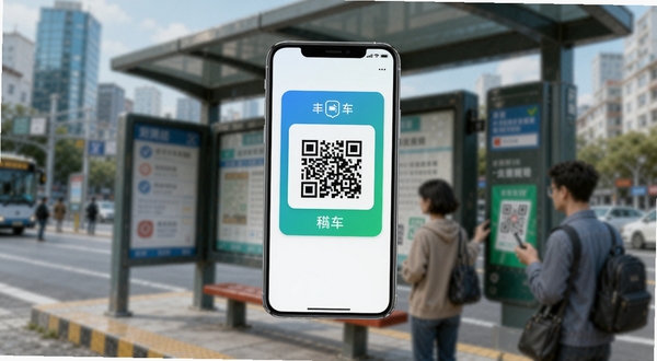 公交坐车码应用界面预览,画面中心是一台亮屏的智能手机,屏幕上展示着蓝绿色调的二维码乘车码,手机下方是虚拟的城市公交站台背景,背景虚化,突出公交车到站与乘客扫码上车的场景,整体风格现代简洁,色彩明快,适配竖版移动端界面展示