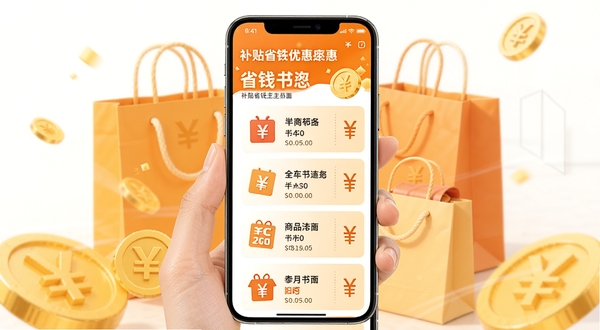 补贴省钱优惠主界面展示,手机屏幕中显示各类商品优惠券聚合列表,背景为明亮的购物袋和金币元素,整体风格活泼清新,突出省钱的愉悦感,界面设计简洁现代,色彩以橙色和白色为主,数字人民币符号点缀,竖版构图适合应用商店截图展示
