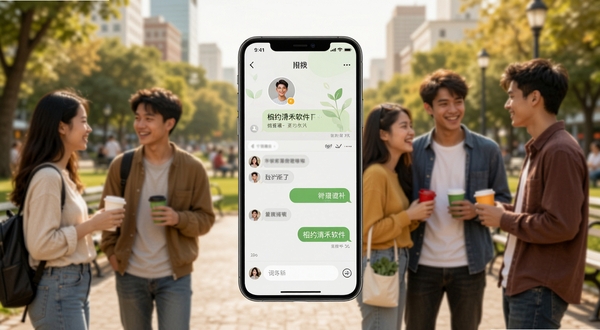 一张展示相约清禾软件核心社交场景的宽幅概念图，画面中央是一部亮屏的智能手机，屏幕中显示着风格清新的用户资料卡与聊天界面，背景是模糊处理的都市公园与三两成群交谈的年轻人，整体色调温暖明亮，突出真实、友好的社交氛围，画面细节丰富，适配移动端软件介绍场景。