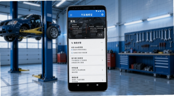汽车维修宝 汽车维修宝手机应用界面展示,画面主体为一部竖屏安卓手机居中放置,屏幕内显示汽车故障码查询与维修步骤列表,背景区域为虚化的汽车维修车间,有举升机和工具墙,整体色调偏冷蓝科技感,光线柔和均匀,突出软件界面细节