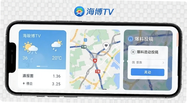 海博TV便民服务与互动功能展示，画面为手机屏幕内呈现天气卡片、路况地图与爆料投稿入口的拼图布局，背景区域为淡灰色网格纹理，画面中央上方有海博TV的标识，整体风格简洁实用，突出服务属性