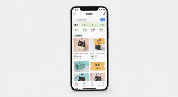 现代简约风格的手机应用界面展示,屏幕中央清晰显示“益值购”APP的首页布局,包含搜索框、分类导航栏和醒目的优惠商品瀑布流列表,画面背景为纯净的浅灰色,搭配暖黄色的优惠券标签元素点缀,整体色彩明亮,画质高清,突出购物与优惠的主题氛围,垂直构图,手机模型位于画面中心偏右。